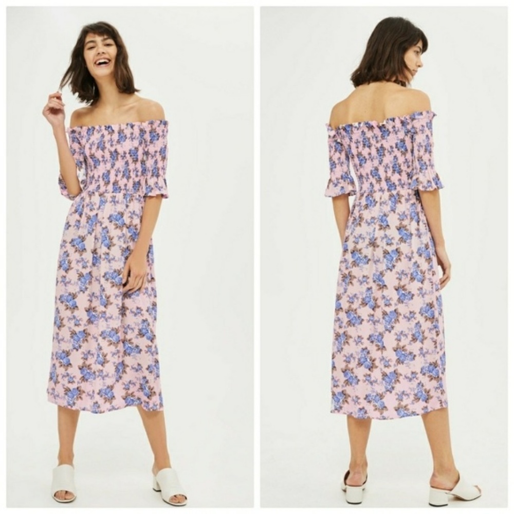 NWOT TOPSHOP Shirred Floral Bardot Midi Dress - Picture 2 of 2